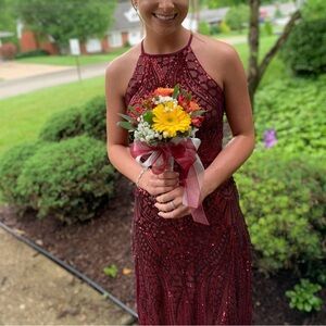 Night Way Collections Burgundy Sequin Halter Dress